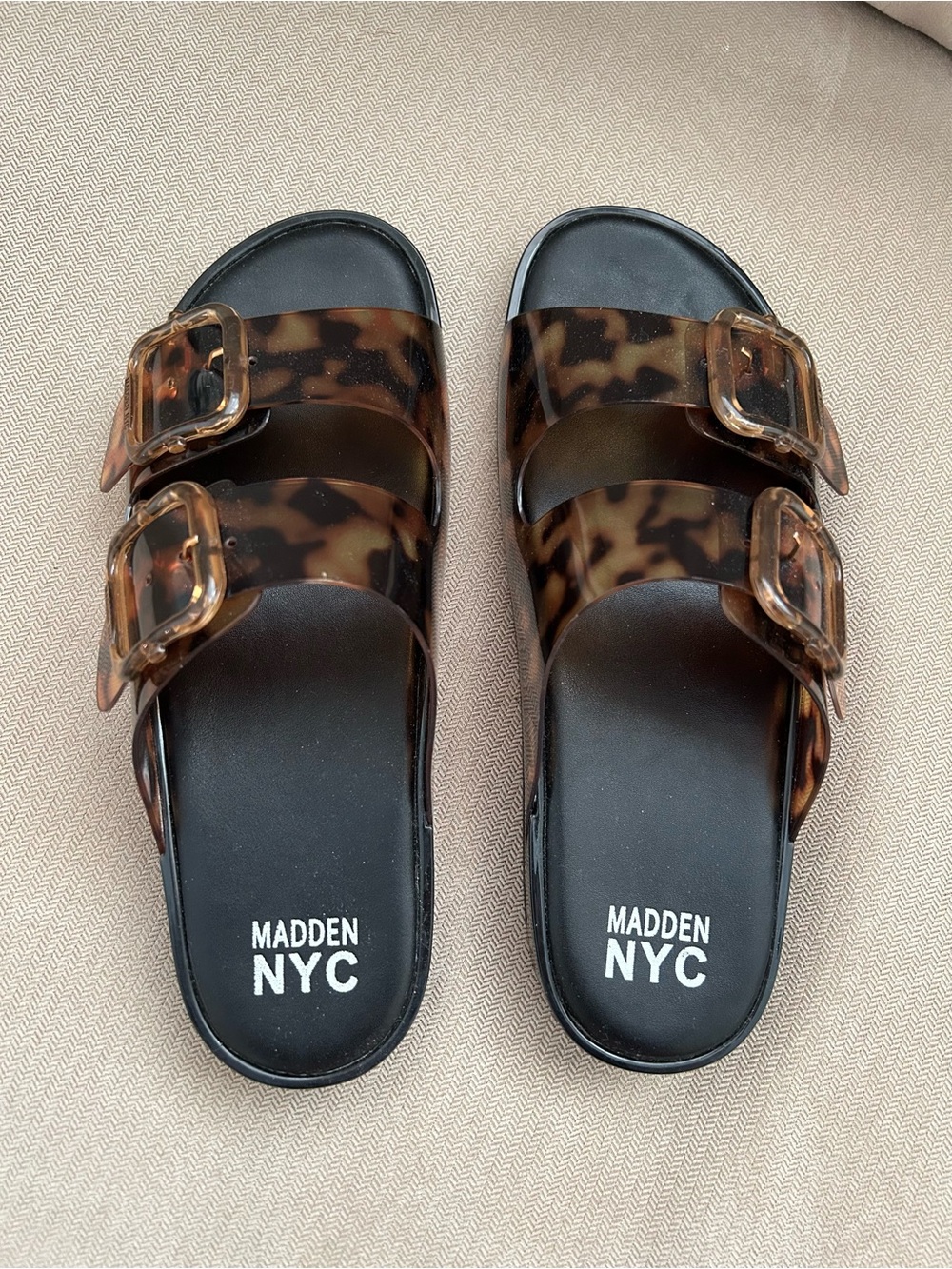 Madden NYC Women's Tortoiseshell Double Buckle Slide Sandals - Picture 2 of 3